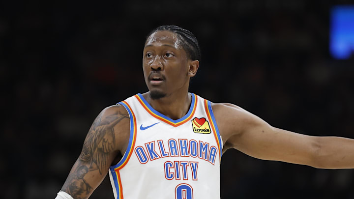 Mar 29, 2026; Oklahoma City, Oklahoma, USA; Oklahoma City Thunder guard Jalen Williams (8) gestures after a play against the New York Knicks during the second half at Paycom Center. Mandatory Credit: Alonzo Adams-Imagn Images Mar 29, 2026; Oklahoma City, Oklahoma, USA; Oklahoma City Thunder guard Jalen Williams (8) gestures after a play against the New York Knicks during the second half at Paycom Center. Mandatory Credit: Alonzo Adams-Imagn Images