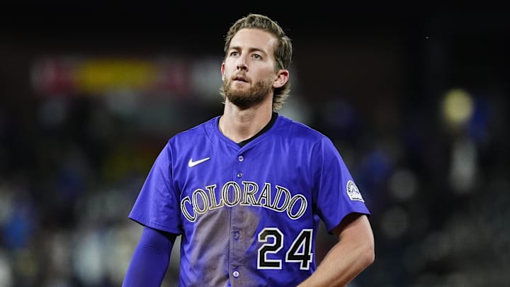 Jun 24, 2025; Denver, Colorado, USA; Colorado Rockies third baseman Ryan McMahon (24) following the loss to the Los Angeles Dodgers at Coors Field. Mandatory Credit: Ron Chenoy-Imagn Images