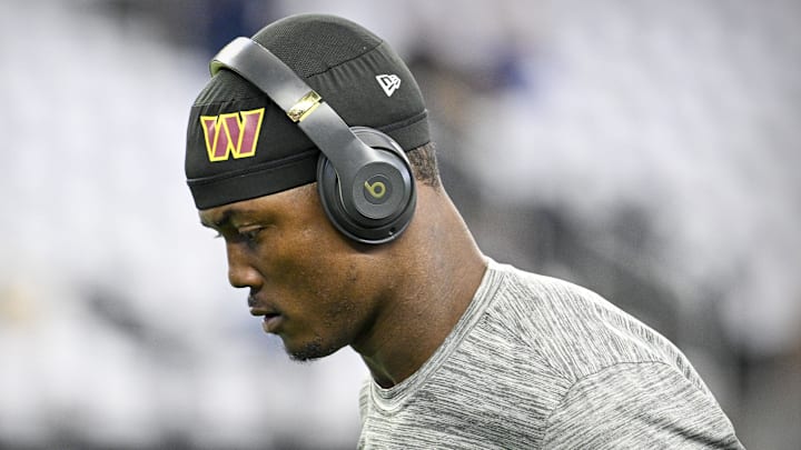 Nov 23, 2023; Arlington, Texas, USA; Washington Commanders wide receiver Terry McLaurin (17) warms up before the game between the Dallas Cowboys and the Washington Commanders at AT&T Stadium. Mandatory Credit: Jerome Miron-Imagn Images