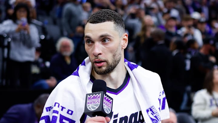 Mar 27, 2025; Sacramento, California, USA; Sacramento Kings guard Zach LaVine (8) is interviewed after a game against the Portland Trail Blazers at Golden 1 Center. Mandatory Credit: Sergio Estrada-Imagn Images Mar 27, 2025; Sacramento, California, USA; Sacramento Kings guard Zach LaVine (8) is interviewed after a game against the Portland Trail Blazers at Golden 1 Center. Mandatory Credit: Sergio Estrada-Imagn Images
