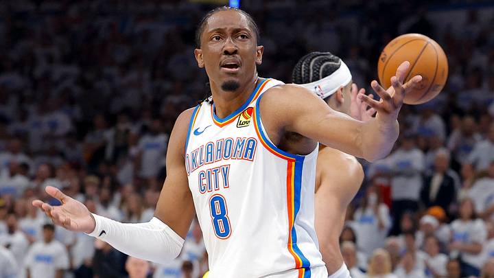 Jun 5, 2025; Oklahoma City, Oklahoma, USA; Oklahoma City Thunder forward Jalen Williams (8) reacts to a call during the third quarter against the Indiana Pacers during game one of the 2025 NBA Finals at Paycom Center. Mandatory Credit: Alonzo Adams-Imagn Images Jun 5, 2025; Oklahoma City, Oklahoma, USA; Oklahoma City Thunder forward Jalen Williams (8) reacts to a call during the third quarter against the Indiana Pacers during game one of the 2025 NBA Finals at Paycom Center. Mandatory Credit: Alonzo Adams-Imagn Images