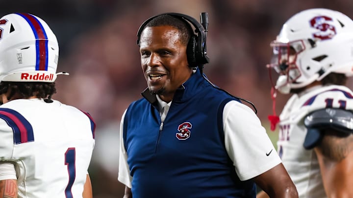Sep 6, 2025; Columbia, South Carolina, USA; South Carolina State Bulldogs head coach Chennis Berry directs his team against the South Carolina Gamecocks in the first quarter at Williams-Brice Stadium. Mandatory Credit: Jeff Blake-Imagn Images Sep 6, 2025; Columbia, South Carolina, USA; South Carolina State Bulldogs head coach Chennis Berry directs his team against the South Carolina Gamecocks in the first quarter at Williams-Brice Stadium. Mandatory Credit: Jeff Blake-Imagn Images