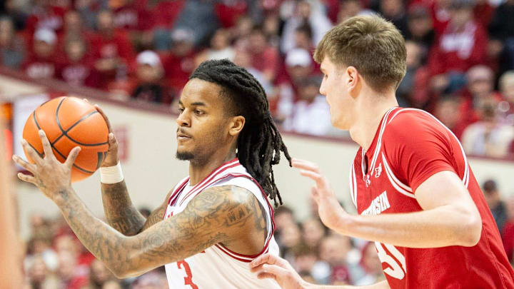 Indiana's Lamar Wilkerson (3) passes during the Indiana versus Wisconsin men's basketball game at Simon Skjodt Assembly Hall on Saturday, Feb. 7, 2026.