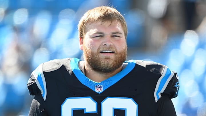 Oct 29, 2023; Charlotte, North Carolina, USA; Carolina Panthers guard Cade Mays (68) during warm up at Bank of America Stadium. Mandatory Credit: Bob Donnan-Imagn Images