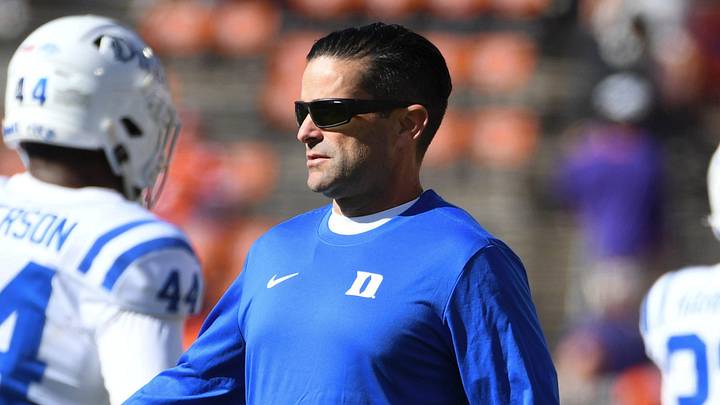 Duke Blue Devils head coach Manny Diaz high-fives players Saturday, Nov. 1, 2025, during the NCAA football game against the Clemson Tigers at Memorial Stadium in Clemson, South Carolina.
