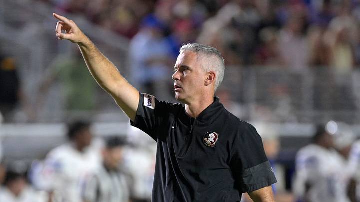 Sep 7, 2026; Tallahassee, Florida, USA;  Florida State Seminoles head coach Mike Norvell reacts during the first half against the Southern Methodist Mustangs at Doak S. Campbell Stadium.  Mandatory Credit: Melina Myers-Imagn Images
