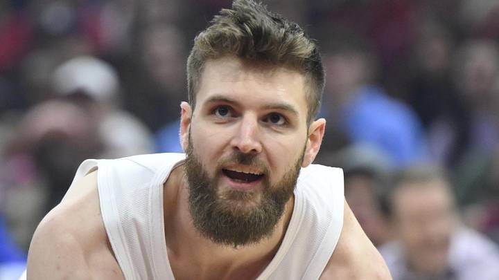 Jan 20, 2025; Cleveland, Ohio, USA; Cleveland Cavaliers forward Dean Wade (32) reacts in the first quarter against the Phoenix Suns at Rocket Mortgage FieldHouse. Mandatory Credit: David Richard-Imagn Images