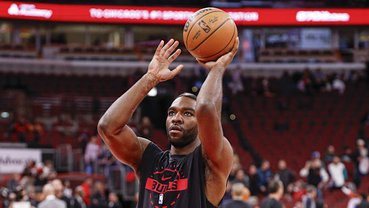 Jan 14, 2026; Chicago, Illinois, USA; Chicago Bulls forward Patrick Williams (44) warms up before an NBA game against the Utah Jazz at United Center. Mandatory Credit: Kamil Krzaczynski-Imagn Images