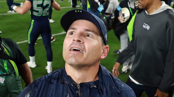 Seattle Seahawks head coach Mike Macdonald reacts