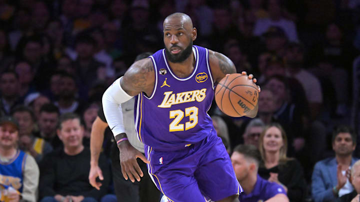 Feb 12, 2026; Los Angeles, California, USA;  Los Angeles Lakers forward LeBron James (23) handles the ball in the first half against the Dallas Mavericks at Crypto.com Arena. Mandatory Credit: Jayne Kamin-Oncea-Imagn Images