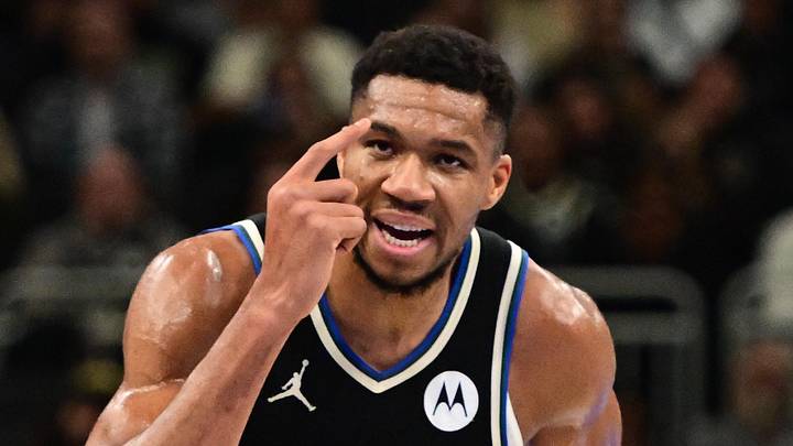 Nov 22, 2024; Milwaukee, Wisconsin, USA;  Milwaukee Bucks forward Giannis Antetokounmpo (34) reacts in the second quarter against the Indiana Pacers at Fiserv Forum. Mandatory Credit: Benny Sieu-Imagn Images