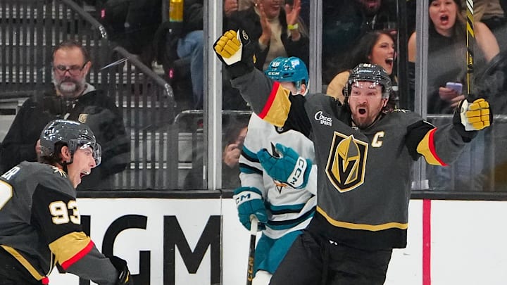Nov 29, 2025; Las Vegas, Nevada, USA; Vegas Golden Knights right wing Mitch Marner (93) celebrates with Vegas Golden Knights right wing Mark Stone (61) after scoring a goal against the San Jose Sharks during the second period at T-Mobile Arena. Mandatory Credit: Stephen R. Sylvanie-Imagn Images