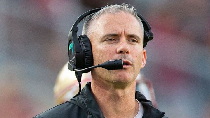 Florida State Seminoles head coach Mike Norvell watches on as his players come off the field. The Florida State Seminoles defeated the Virginia Tech Hokies 39-17 at Doak Campbell Stadium on Saturday, Oct. 7, 2023.