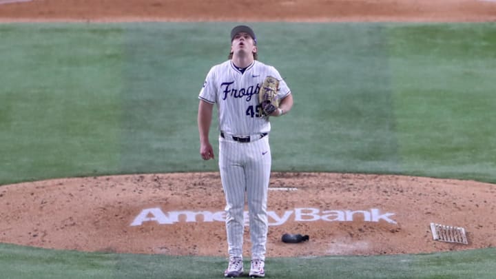 TCU Pitcher Tommy LaPour taking a deep breath against Arkansas. 02/22/2025 TCU Pitcher Tommy LaPour taking a deep breath against Arkansas. 02/22/2025
