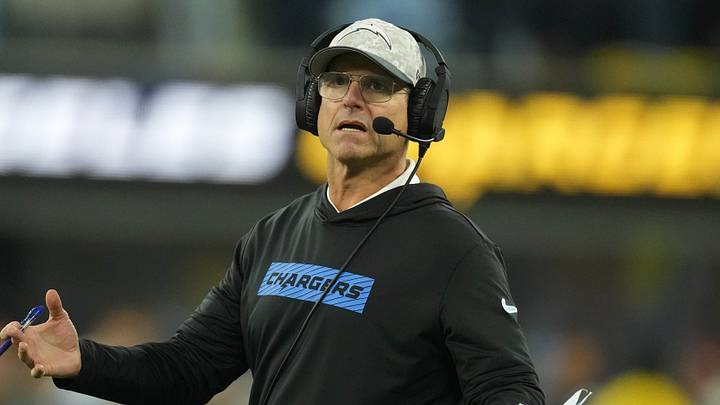 Nov 17, 2024; Inglewood, California, USA; Los Angeles Chargers coach Jim Harbaugh reacts against the Cincinnati Bengals in the second half at SoFi Stadium. Mandatory Credit: Kirby Lee-Imagn Images Nov 17, 2024; Inglewood, California, USA; Los Angeles Chargers coach Jim Harbaugh reacts against the Cincinnati Bengals in the second half at SoFi Stadium. Mandatory Credit: Kirby Lee-Imagn Images
