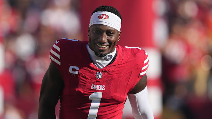 Sep 9, 2024; Santa Clara, California, USA; San Francisco 49ers wide receiver Deebo Samuel Sr. (1) is introduced before the game against the New York Jets at Levi's Stadium. Mandatory Credit: Darren Yamashita-Imagn Images