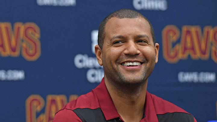 Jun 21, 2019; Independence, OH, USA; Cleveland Cavaliers general manager Koby Altman answers questions during a press conference at Cleveland Clinic Courts. Mandatory Credit: David Dermer-Imagn Images