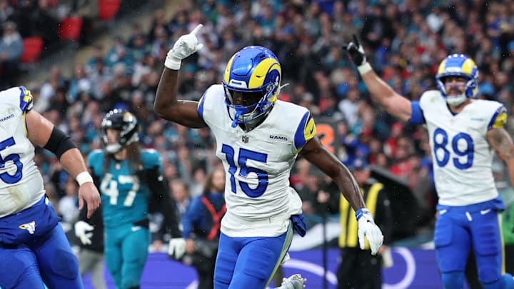 [US, Mexico & Canada customers only] Oct 19, 2025; London, United Kingdom; Los Angeles Rams wide receiver Konata Mumpfield (15) reacts after scoring a touchdown against the Jacksonville Jaguars during the first half during a NFL International Series game at Wembley Stadium. Mandatory Credit: Andrew Boyers-Reuters via Imagn Images