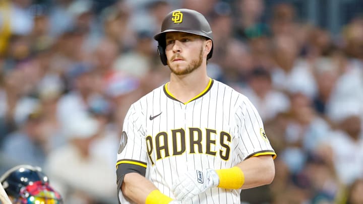 Aug 9, 2025; San Diego, California, USA; San Diego Padres designated hitter Ryan O'Hearn (32) earns an RBI walk during the fifth inning against the Boston Red Sox at Petco Park. Mandatory Credit: David Frerker-Imagn Images Aug 9, 2025; San Diego, California, USA; San Diego Padres designated hitter Ryan O'Hearn (32) earns an RBI walk during the fifth inning against the Boston Red Sox at Petco Park. Mandatory Credit: David Frerker-Imagn Images