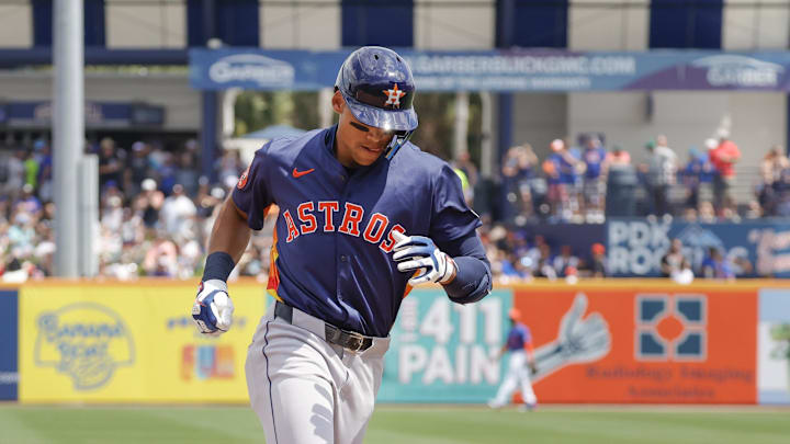 Mar 16, 2025; Port St. Lucie, Florida, USA;  Houston Astros outfielder Cam Smith rounds third base after his two run home run during the second inning against the New York Mets at Clover Park.