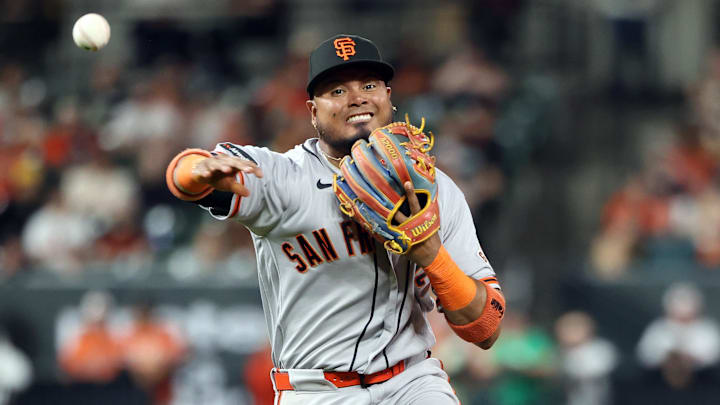 Apr 11, 2026; Baltimore, Maryland, USA; San Francisco Giants infielder Luis Arraez (1) throws to first base during the fourth inning against the Baltimore Orioles at Oriole Park at Camden Yards. Mandatory Credit: Daniel Kucin Jr.-Imagn Images Apr 11, 2026; Baltimore, Maryland, USA; San Francisco Giants infielder Luis Arraez (1) throws to first base during the fourth inning against the Baltimore Orioles at Oriole Park at Camden Yards. Mandatory Credit: Daniel Kucin Jr.-Imagn Images