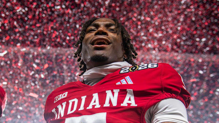 Indiana's D'Angelo Ponds (5) and Tyrique Tucker (95) celebrate after the College Football Playoff National Championship college football game at Hard Rock Stadium in Miami Gardens on Monday, Jan. 19, 2026. Indiana's D'Angelo Ponds (5) and Tyrique Tucker (95) celebrate after the College Football Playoff National Championship college football game at Hard Rock Stadium in Miami Gardens on Monday, Jan. 19, 2026.