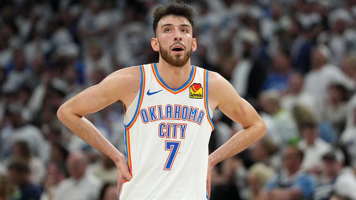 May 26, 2025; Minneapolis, Minnesota, USA; Oklahoma City Thunder forward Chet Holmgren (7) reacts against the Minnesota Timberwolves in the second half during game four of the western conference finals for the 2025 NBA Playoffs at Target Center. Mandatory Credit: Jesse Johnson-Imagn Images