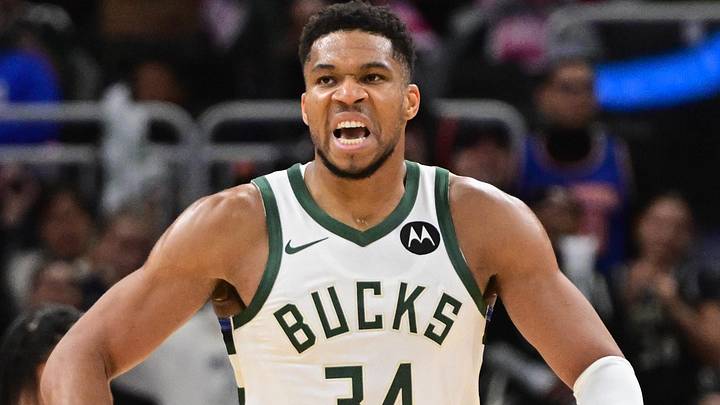 Oct 28, 2025; Milwaukee, Wisconsin, USA;  Milwaukee Bucks forward Giannis Antetokounmpo (34) reacts after scoring a basket in the 3rd quarter against the New York Knicks at Fiserv Forum. Mandatory Credit: Benny Sieu-Imagn Images