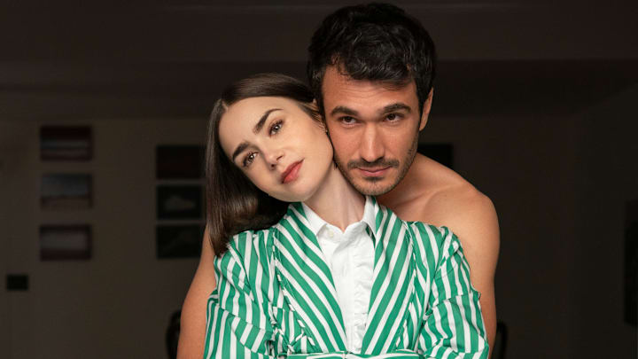 Emily in Paris. (L to R) Lily Collins as Emily, Eugenio Franceschini as Marcello in Emily in Paris