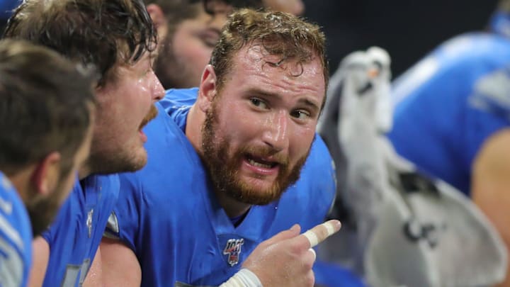 Detroit Lions center Frank Ragnow, right, during the game against the Los Angeles Chargers at Ford Field.