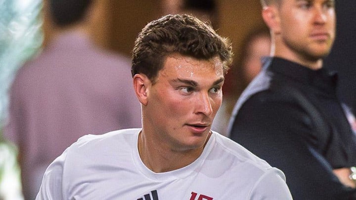 Fernando Mendoza participates in Indiana University's Pro Day at Mellencamp Pavilion on Wednesday, April 1, 2026.