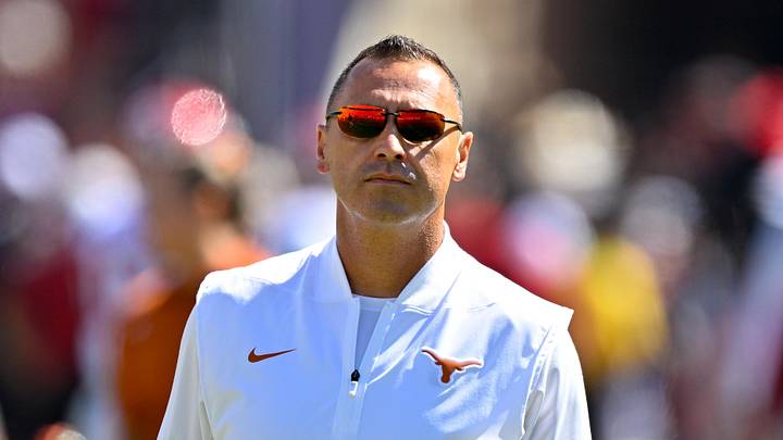 Texas Longhorns head coach Steve Sarkisian looks on before the game against the Oklahoma Sooners at Cotton Bowl. Texas Longhorns head coach Steve Sarkisian looks on before the game against the Oklahoma Sooners at Cotton Bowl.