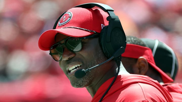 Sep 22, 2024; Tampa, Florida, USA; Tampa Bay Buccaneers head coach Todd Bowles looks on against the Denver Broncos during the first quarter at Raymond James Stadium. Mandatory Credit: Kim Klement Neitzel-Imagn Images