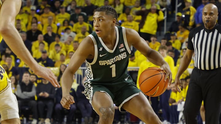 Feb 21, 2025; Ann Arbor, Michigan, USA; Michigan State Spartans guard Jeremy Fears Jr. (1) handles the ball during the second half against the Michigan Wolverines at Crisler Center. Mandatory Credit: Brian Bradshaw Sevald-Imagn Images