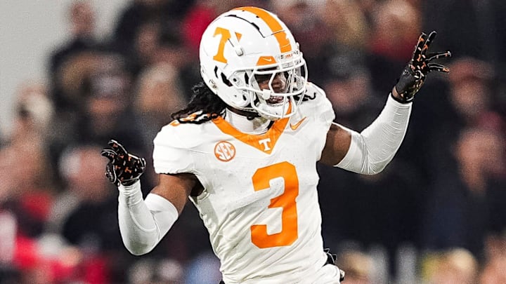 Tennessee defensive back Jermod McCoy (3) celebrates after making a play during a college football game between Tennessee and Georgia at Sanford Stadium in Athens, Ga., on Saturday, November 16, 2024. Tennessee defensive back Jermod McCoy (3) celebrates after making a play during a college football game between Tennessee and Georgia at Sanford Stadium in Athens, Ga., on Saturday, November 16, 2024.