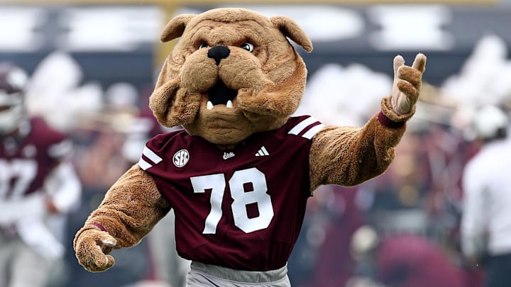 Mississippi State Bulldogs mascot Bully runs onto the field prior to the game against the Texas Longhorns at Davis Wade Stadium at Scott Field.