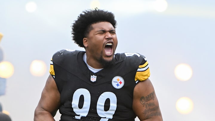 Oct 12, 2025; Pittsburgh, Pennsylvania, USA; Pittsburgh Steelers defensive tackle Derrick Harmon (99) takes the field for a game against the Cleveland Browns at Acrisure Stadium. Mandatory Credit: Barry Reeger-Imagn Images