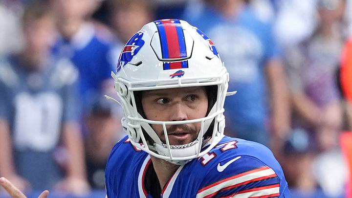 Oct 4, 2026; Orchard Park, New York, USA;  Josh Allen #17 of the Buffalo Bills looks to pass during the first quarter against the New England Patriots at New Highmark Stadium.  Mandatory Credit: Gregory Fisher-Imagn Images