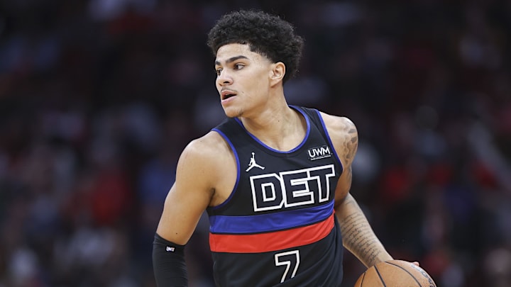 Jan 1, 2024; Houston, Texas, USA; Detroit Pistons guard Killian Hayes (7) in action during the game against the Houston Rockets at Toyota Center.