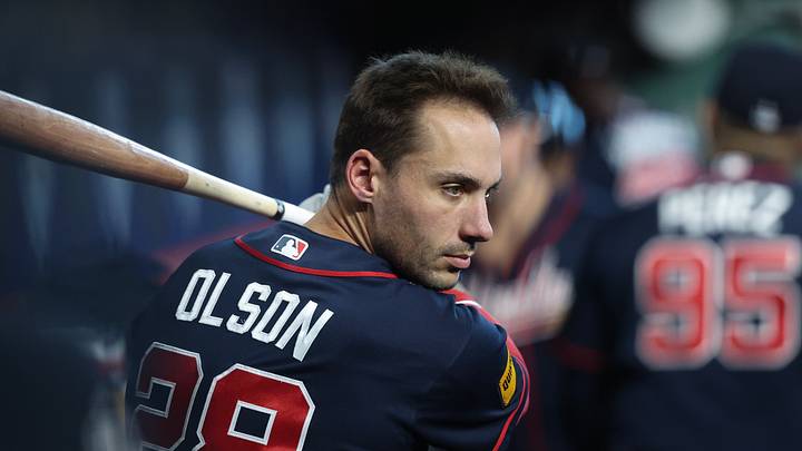 Sep 19, 2026; Houston, Texas, USA; Atlanta Braves first baseman Matt Olson (28) warms up in the dugout before playing against the Houston Astros at Daikin Park. Mandatory Credit: Thomas Shea-Imagn Images