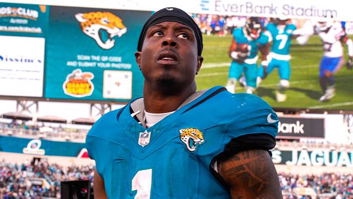 Jacksonville Jaguars running back Travis Etienne Jr. (1) walks off the field after losing to the Bills during an NFL football AFC Wild Card playoff matchup, Sunday, Jan. 11, 2026, in Jacksonville, Fla. Bills lead 10-7 at the half over the Jaguars. 