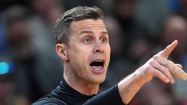 Mar 19, 2026; Greenville, SC, USA; Duke Blue Devils head coach Jon Scheyer reacts in the first half during a first round game of the men's 2026 NCAA Tournament at Bon Secours Wellness Arena. Mandatory Credit: Jim Dedmon-Imagn Images