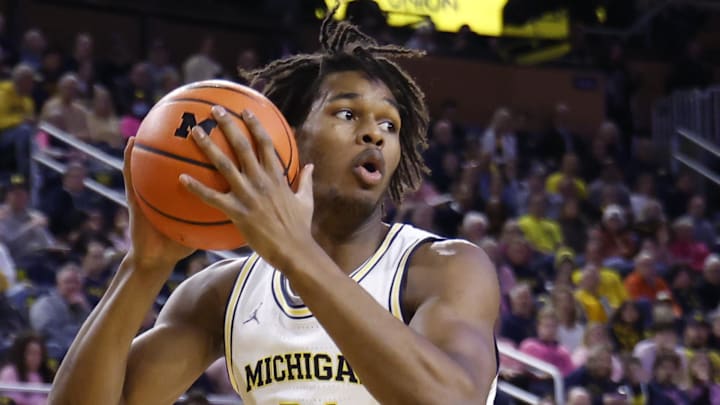 Feb 5, 2026; Ann Arbor, Michigan, USA;  Michigan Wolverines forward Morez Johnson Jr. (21) dribbles in the first half against the Penn State Nittany Lions at Crisler Center. Mandatory Credit: Rick Osentoski-Imagn Images