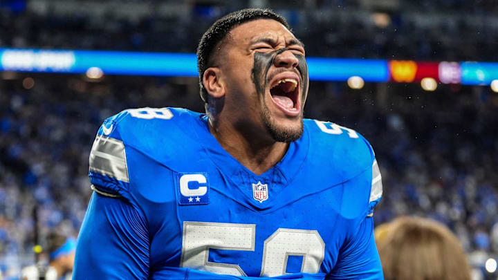 Detroit Lions offensive tackle Penei Sewell (58) yells out after warming up before the game against the Washington Commanders at Ford Field in Detroit, Saturday, Jan. 18, 2025. Detroit Lions offensive tackle Penei Sewell (58) yells out after warming up before the game against the Washington Commanders at Ford Field in Detroit, Saturday, Jan. 18, 2025.