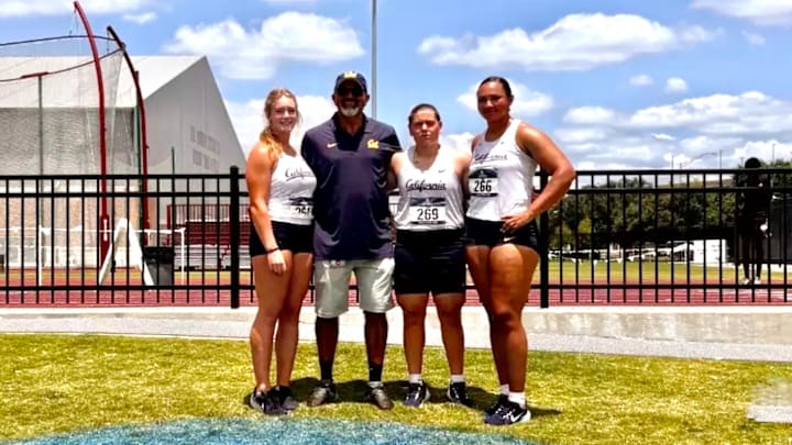 Throws coach Mo Sataara with Audrey Jacobs, Valentina Savva and Giovanna Meeks 