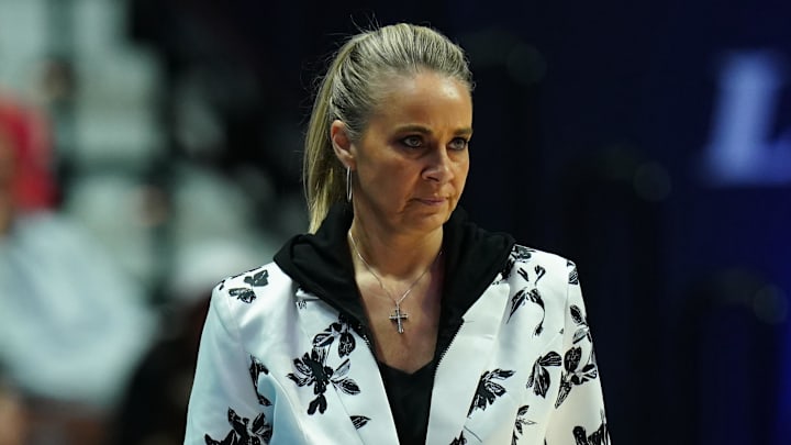 Jul 6, 2025; Uncasville, Connecticut, USA; Las Vegas Aces head coach Becky Hammon watches from the sideline as they take on the Connecticut Sun at Mohegan Sun Arena. Mandatory Credit: David Butler II-Imagn Images