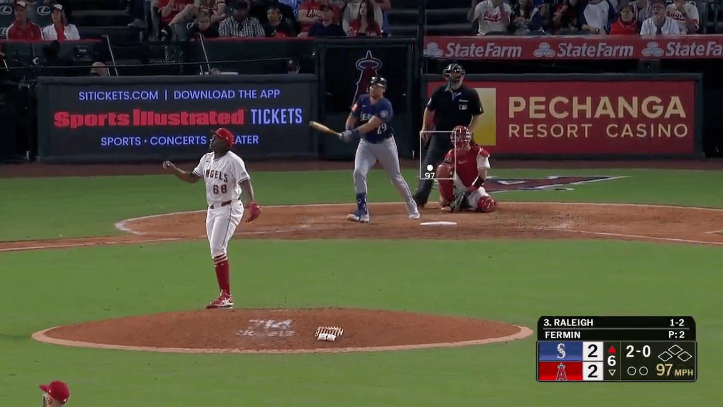 Cal Raleigh Action Shot Cal Raleigh Wins Race to 40 Home Runs With Massive Shot vs. Angels