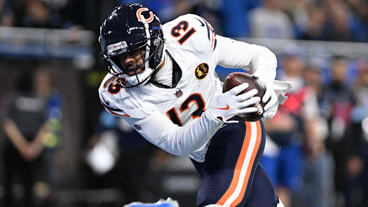 Nov 28, 2024; Detroit, Michigan, USA; Chicago Bears wide receiver Keenan Allen (13) catches a touchdown pass against the Detroit Lions in the third quarter at Ford Field. Mandatory Credit: Lon Horwedel-Imagn Images