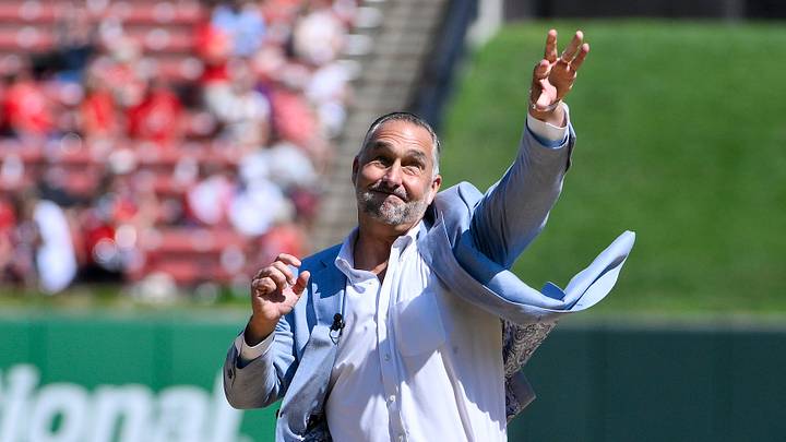 Sep 21, 2025; St. Louis, Missouri, USA; St. Louis Cardinals president of baseball operations John Mozeliak throws out a first pitch prior to a game against the Milwaukee Brewers at Busch Stadium. Mandatory Credit: Jeff Curry-Imagn Images