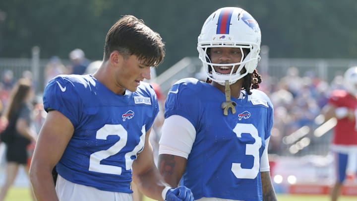 Bills defensive back Cole Bishop talks with Damar Hamlin between drills during day six of Buffalo Bills training camp at St. John Fisher University Tuesday, July 29, 2025 in Pittsford, NY. Bills defensive back Cole Bishop talks with Damar Hamlin between drills during day six of Buffalo Bills training camp at St. John Fisher University Tuesday, July 29, 2025 in Pittsford, NY.